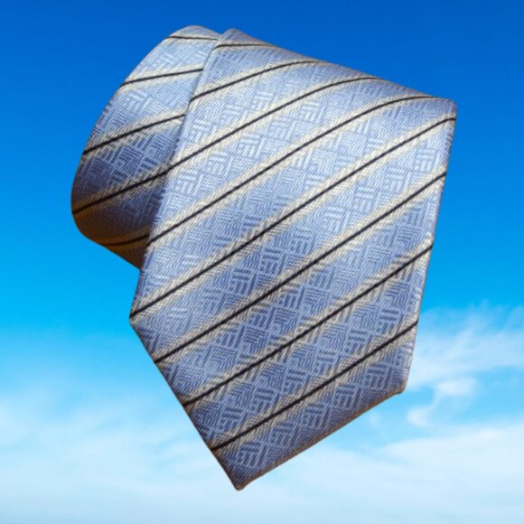 $450 Brioni Baby Blue White Regimental Geometric Silk Tie Handmade in Italy - Picture 15 of 16